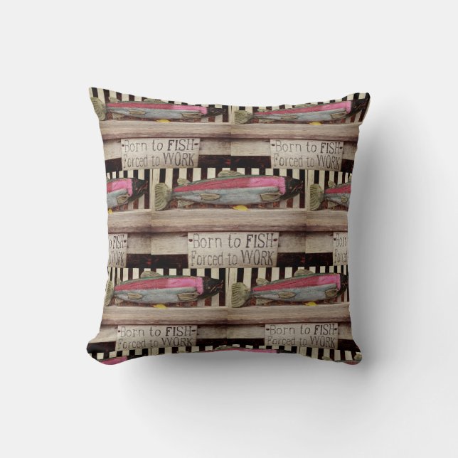 Born to fish,  colorful fisherman's pattern throw pillow (Front)