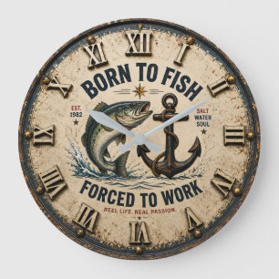 Born to Fish Forced to Work Rustic Fisherman Gift Large Clock