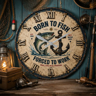 Born to Fish Forced to Work Rustic Fisherman Gift Large Clock