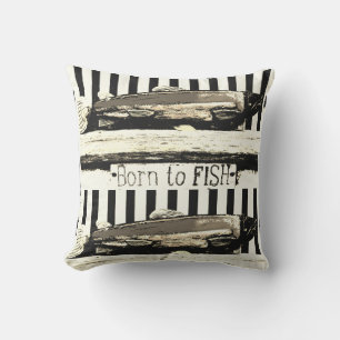 Born to fish, sepia tone fisherman's pattern outdoor pillow
