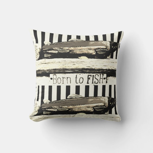 Born to fish, sepia tone fisherman's pattern outdoor pillow (Front)