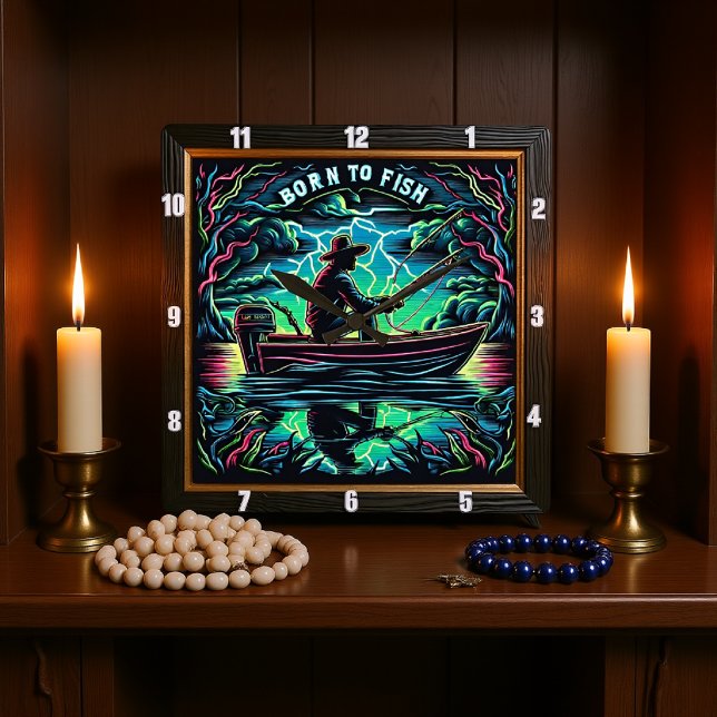 Born to Fish Storm Over Still Waters Square Wall Clock (Creator Uploaded)