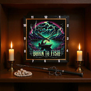 Born to Fish Stormy Waters Angler Square Wall Clock