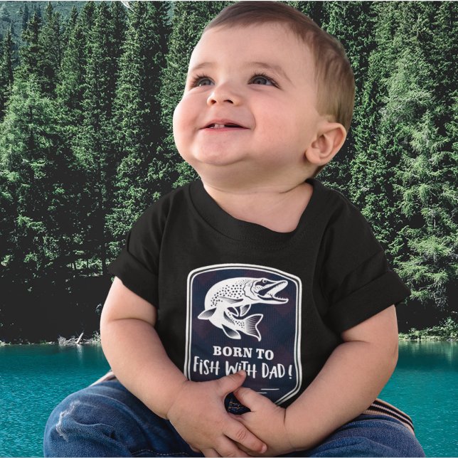 Born To Fish With Dad a Muskie Trophy Fish Baby T-Shirt (Cute kid's fishing shirt with a muskie. Born to Fish With Dad!)
