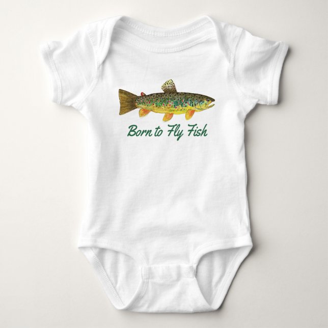 "Born to Fly Fish" Humorous Baby Fishing Bodysuit (Front)