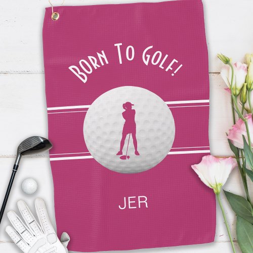 Born to Golf Custom Golfer Silhouette Pink White Golf Towel