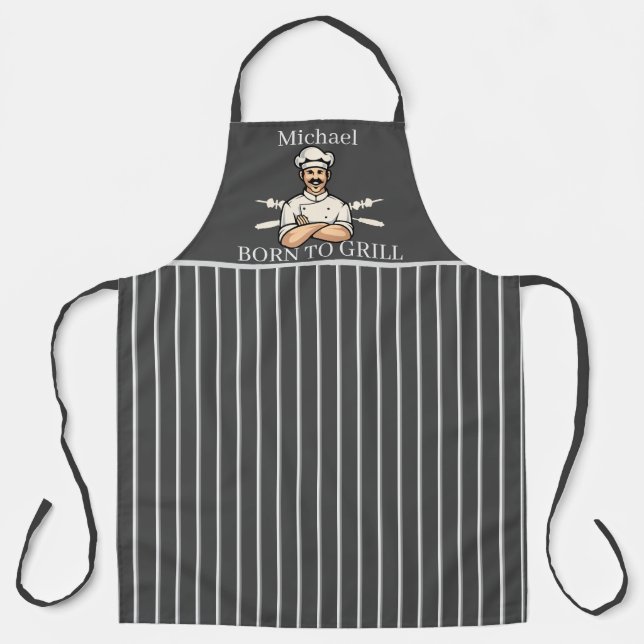 Born To Grill Dad Striped Gray And White Apron (Front)