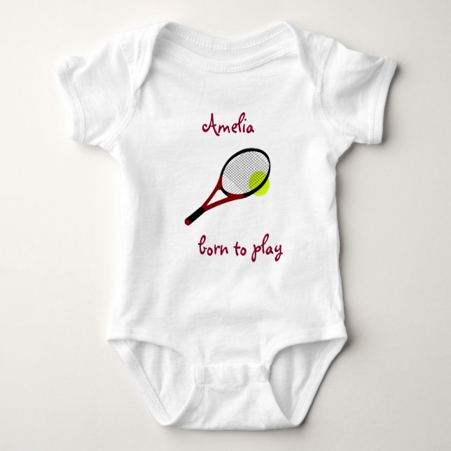 Born to play, Tennis Ball and Racquet, Personalize Baby Bodysuit (Front)