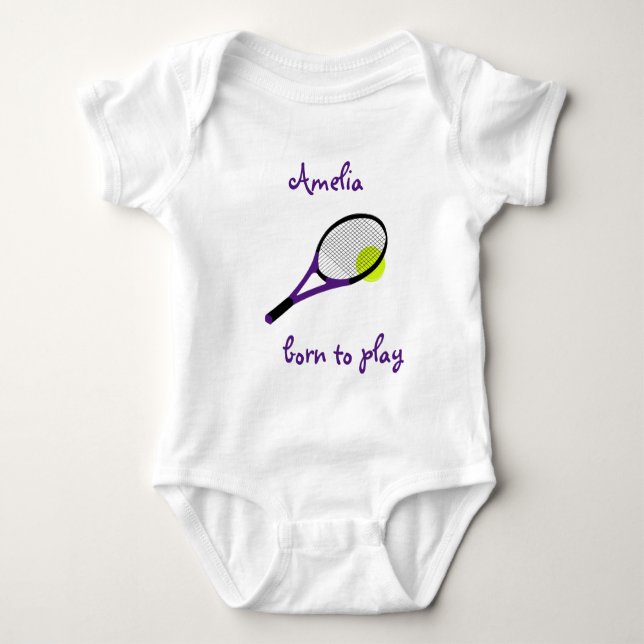Born to play, Tennis Ball and Racquet, Personalize Baby Bodysuit (Front)