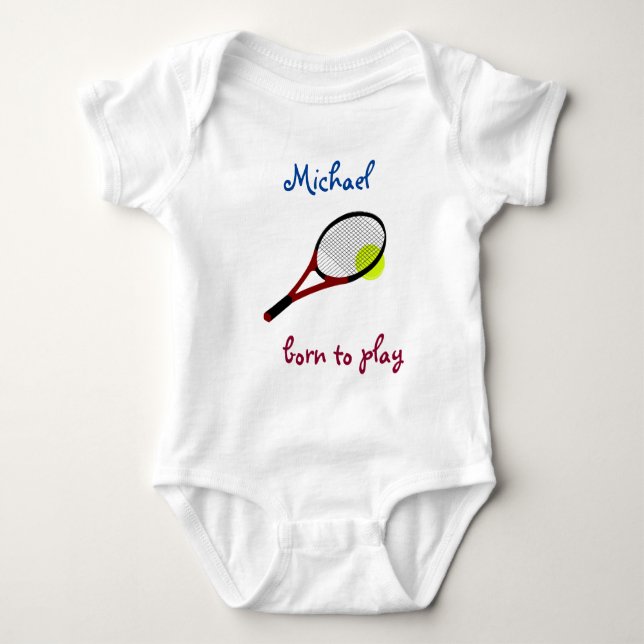 Born to play, Tennis Ball and Racquet, Personalize Baby Bodysuit (Front)