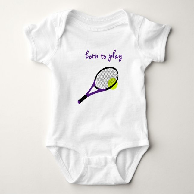 Born to play, Tennis Ball and Racquet, Trendy Chic Baby Bodysuit (Front)