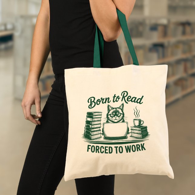 Born to Read Forced to Work Cat Book Lover Tote Bag (Creator Uploaded)