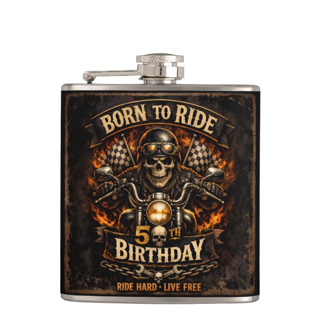 Born to Ride 50th Birthday Biker Skull Hip Flask (Front)