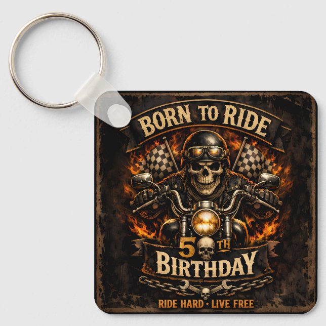 Born to Ride 50th Birthday Biker Skull Keychain (Front)