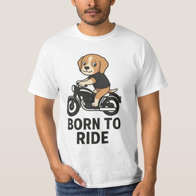 "Born to Ride – Cute Beagle on Motorcycle Sticker T-Shirt (Front)