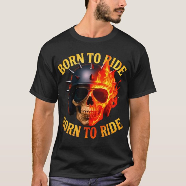 Born to Ride Flaming Skull Helmet T-Shirt (Front)