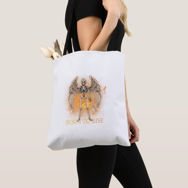  Born to Rise – Skeleton Angel with Sword Design Tote Bag (Close Up)