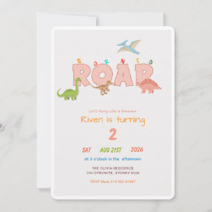 Born to Roar Dinosaur Cartoon Baby 2nd Birthday Invitation