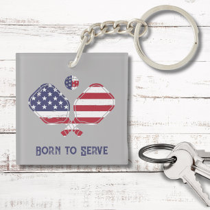 Born to Serve American Flag Pickleball  Keychain