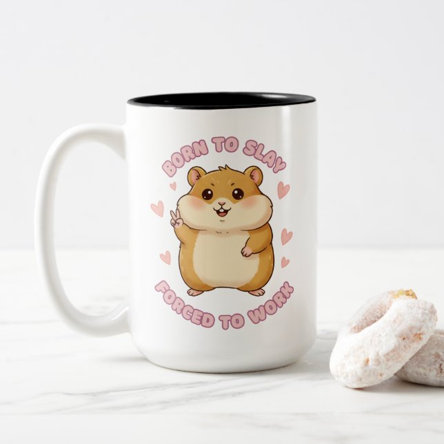 Born To Slay Hamster Meme Cute Funny Office Gift Two-Tone Coffee Mug (With Donut)