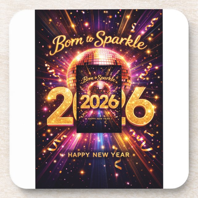 Born to Sparkle 2026 Disco Ball Happy New Year Beverage Coaster (Front)