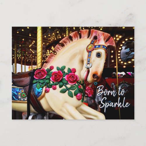 Born to Sparkle Carousel Horse Photo Calligraphy Postcard