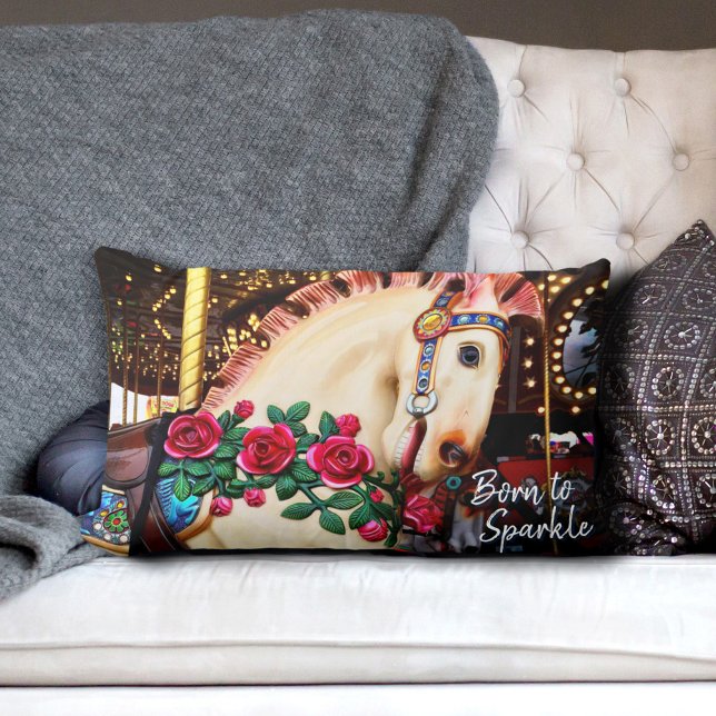 Born to Sparkle Carousel Horse Red Roses Photo Lumbar Pillow (Creator Uploaded)