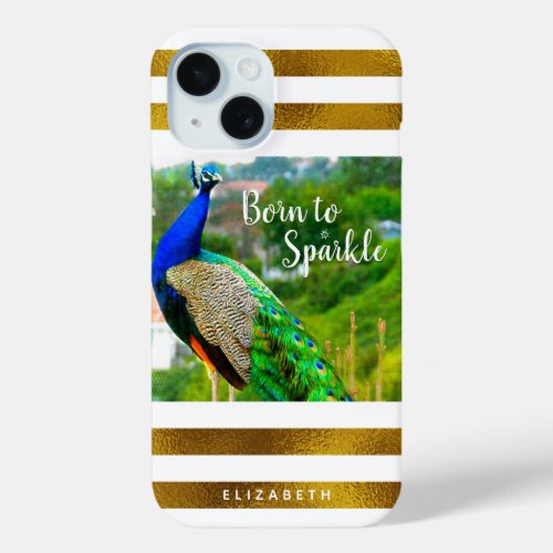 Born to Sparkle Chic Peacock Gold White Stripes iPhone 15 Case