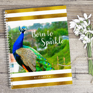 Born to Sparkle Peacock Gold White Stripes Chic Notebook