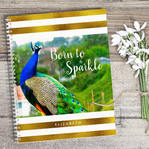 Born to Sparkle Peacock Gold White Stripes Chic Notebook