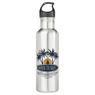 Born To Surf Palm Trees Surfboard Vintage Logo Stainless Steel Water Bottle