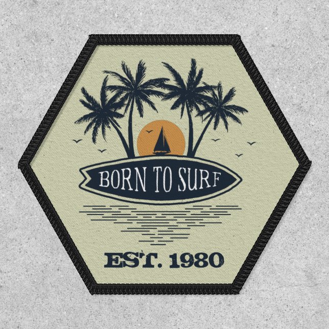 Born To Surf Palm Trees Surfboard Vintage Patch (Front)