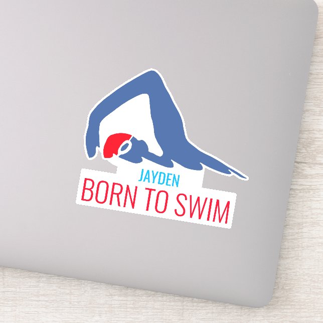 Born to swim, swimmer with red cap, personalised sticker (Detail)