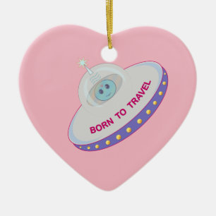 Born to travel cute alien & flying saucer ceramic ornament