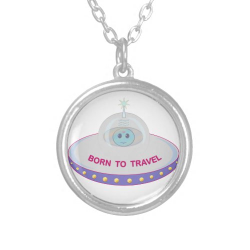 Born to travel cute alien  flying saucer silver plated necklace