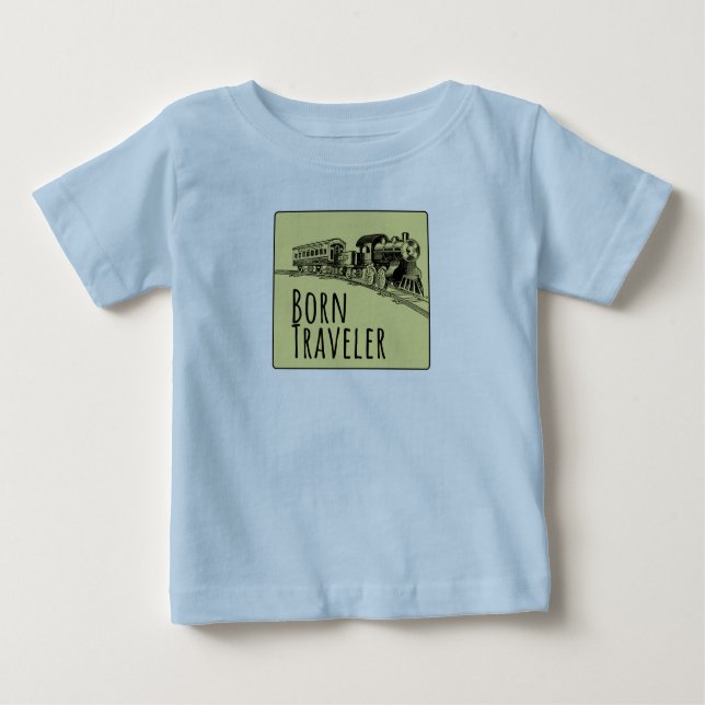 Born Traveler Train Illustration Yellow Background Baby T-Shirt (Front)