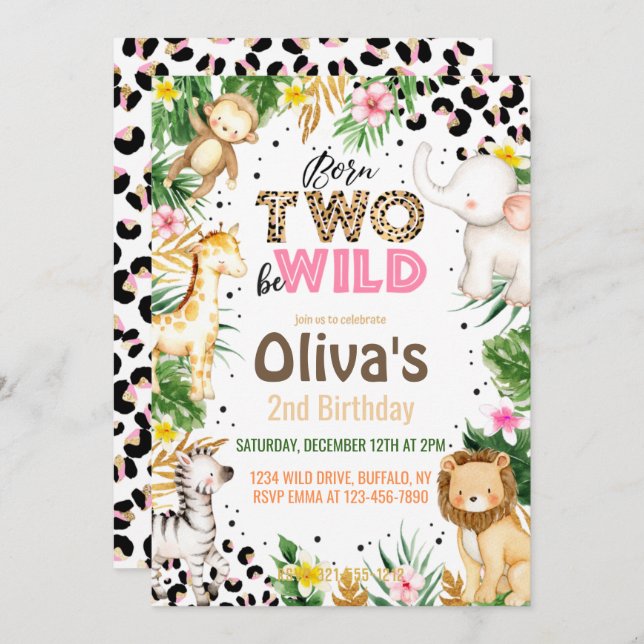 Born Two Be Wild 2nd Birthday Jungle Animals Invitation (Front/Back)
