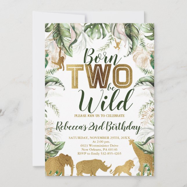 Born Two Be Wild Birthday, Jungle Animals Invitation (Front)