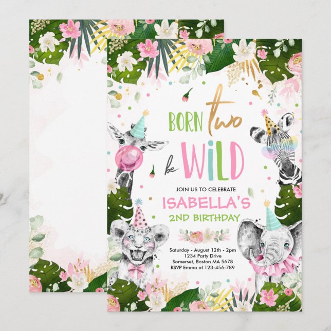 Born Two Be Wild Birthday Safari Animals Party Invitation (Front/Back)