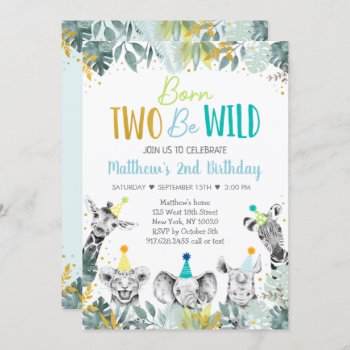 Born Two Be Wild Blue Gold Party Animal Birthday Invitation by LittlePrintsParties at Zazzle