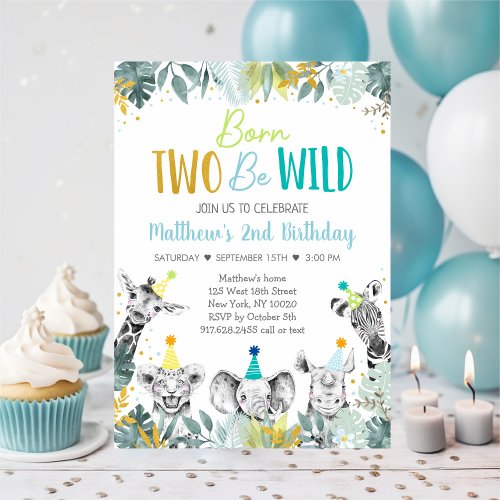 Born Two Be Wild Blue Gold Party Animal Birthday Invitation