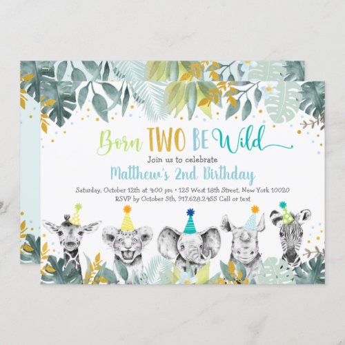 Born Two Be Wild Blue Gold Party Animal Birthday Invitation