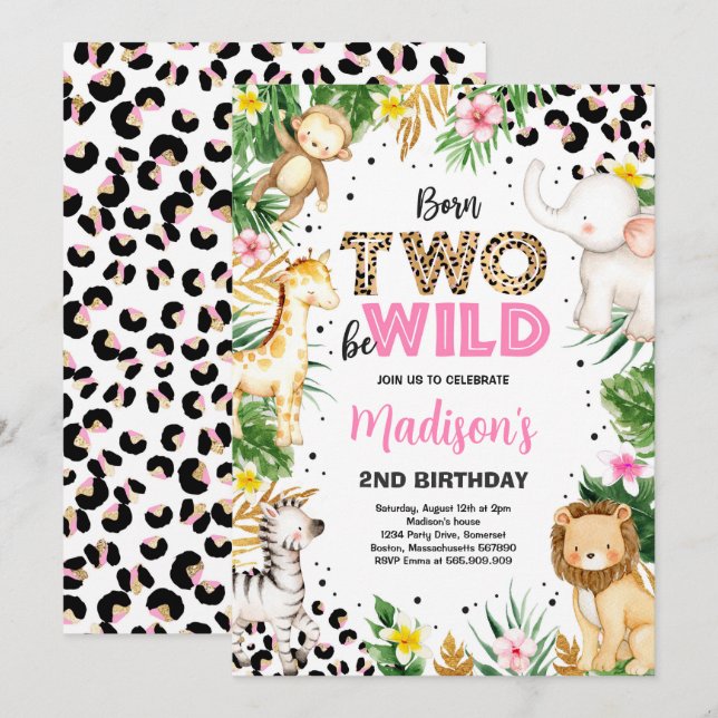 Born Two Be Wild Leopard Print Safari 2nd Birthday Invitation (Front/Back)