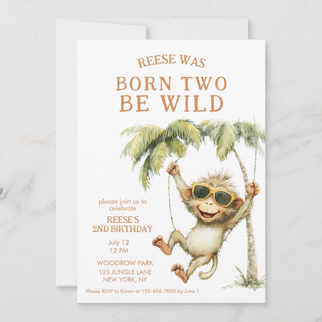 Born Two Be Wild Monkey Second Birthday Invitation (Front)