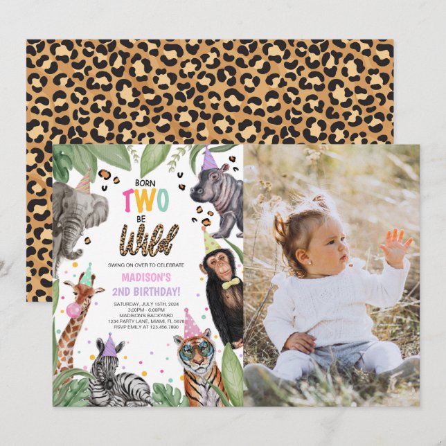 Born TWO Be Wild Safari 2nd Birthday Photo Invitation (Front/Back)