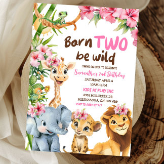 Born Two Be Wild Safari Theme Girl Second Birthday Invitation