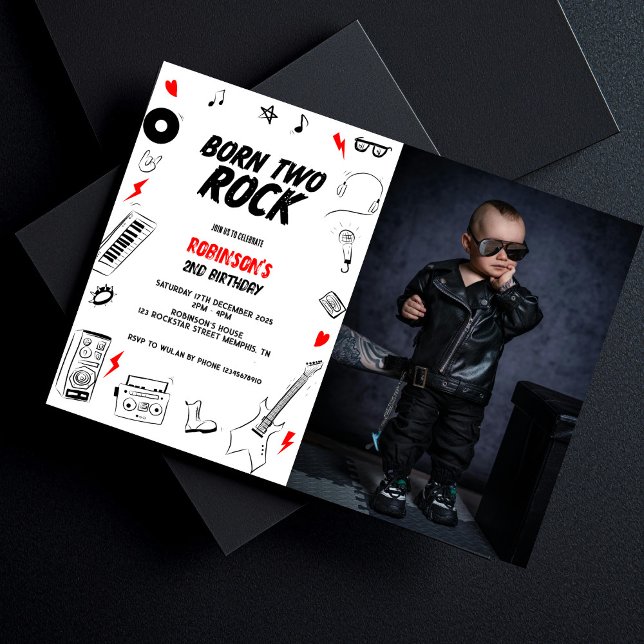Born two Rock Rockstar 2nd Birthday Photo Invitation (Creator Uploaded)