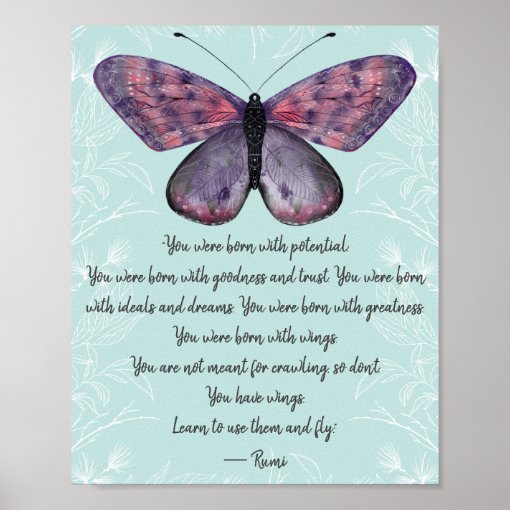 Born With Wings Rumi Quote Butterfly Poster | Zazzle