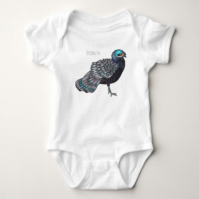 Bornean peacock-pheasant bird cartoon illustration baby bodysuit (Front)