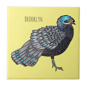 Bornean peacock-pheasant bird cartoon illustration ceramic tile